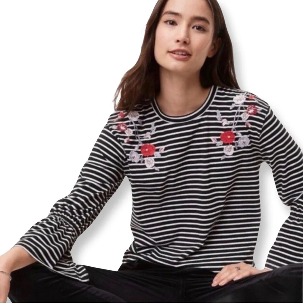 LOFT Striped Long Sleeve Top with Red Floral Embroidery - Picture 4 of 9